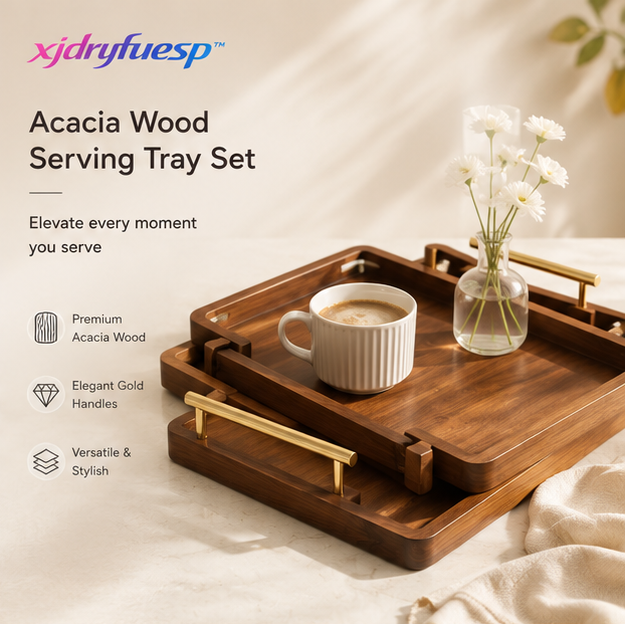 xjdryfuesp™ Acacia Wood Serving Tray Set with Gold Handles